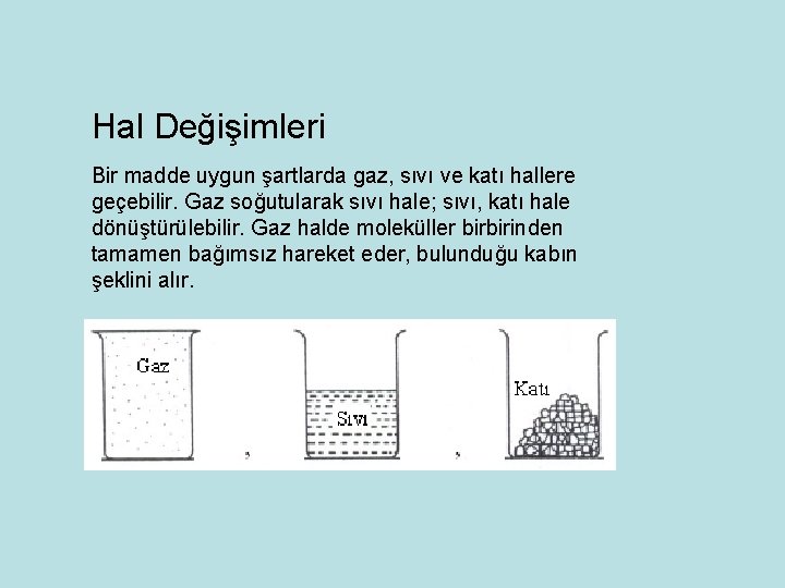 Hal Değişimleri Bir madde uygun şartlarda gaz, sıvı ve katı hallere geçebilir. Gaz soğutularak