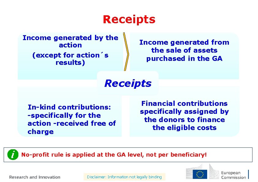 Receipts Income generated by the action (except for action´s results) Income generated from the