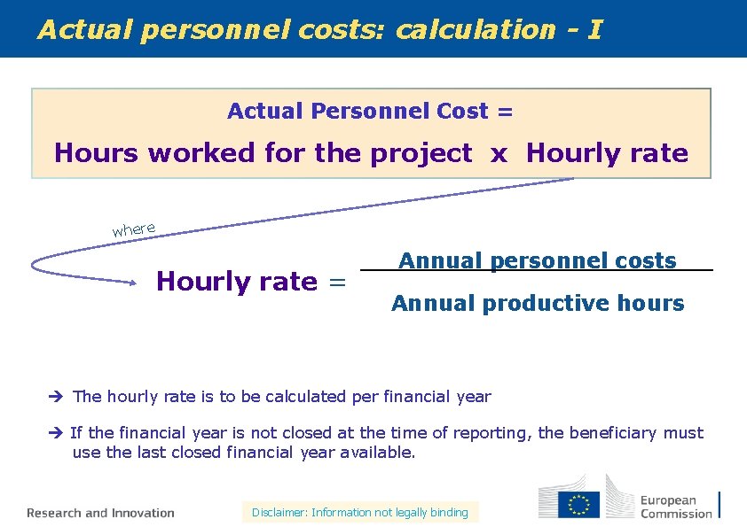 Actual personnel costs: calculation - I Actual Personnel Cost = Hours worked for the