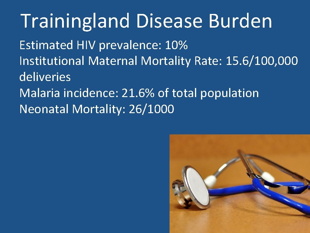 Trainingland Disease Burden Estimated HIV prevalence: 10% Institutional Maternal Mortality Rate: 15. 6/100, 000 Trainingland Disease Burden Estimated HIV prevalence: 10% Institutional Maternal Mortality Rate: 15. 6/100, 000
