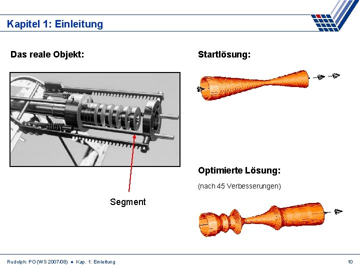 Kapitel 1: Einleitung Das reale Objekt: Startlösung: Optimierte Lösung: (nach 45 Verbesserungen) Segment Rudolph: