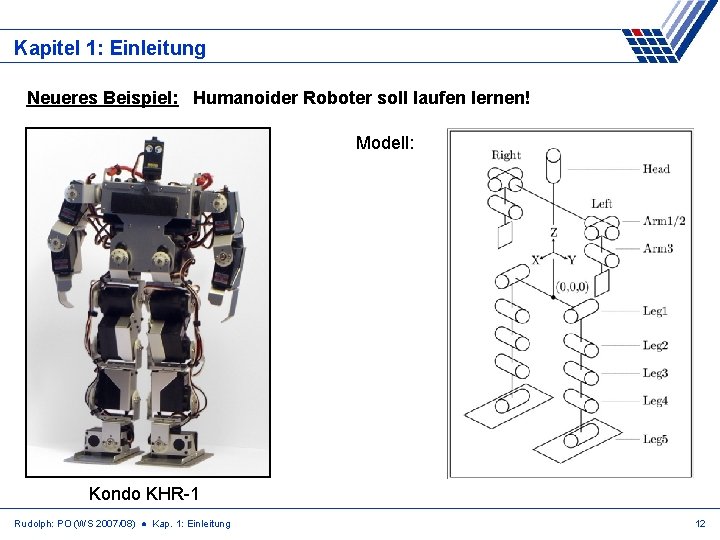 Kapitel 1: Einleitung Neueres Beispiel: Humanoider Roboter soll laufen lernen! Modell: Kondo KHR-1 Rudolph: