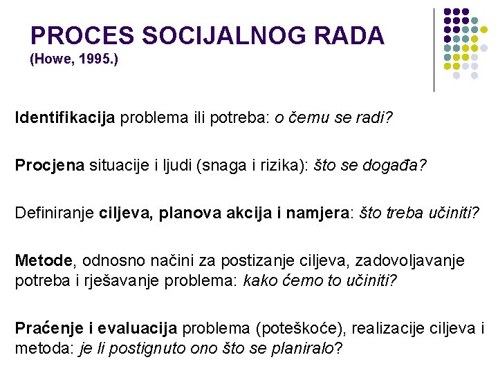 PROCES SOCIJALNOG RADA (Howe, 1995. ) Identifikacija problema ili potreba: o čemu se radi?