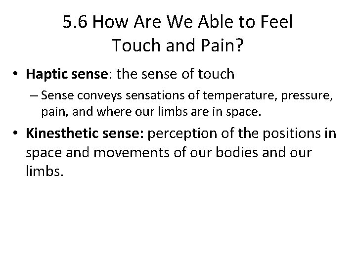 5. 6 How Are We Able to Feel Touch and Pain? • Haptic sense: 5. 6 How Are We Able to Feel Touch and Pain? • Haptic sense: