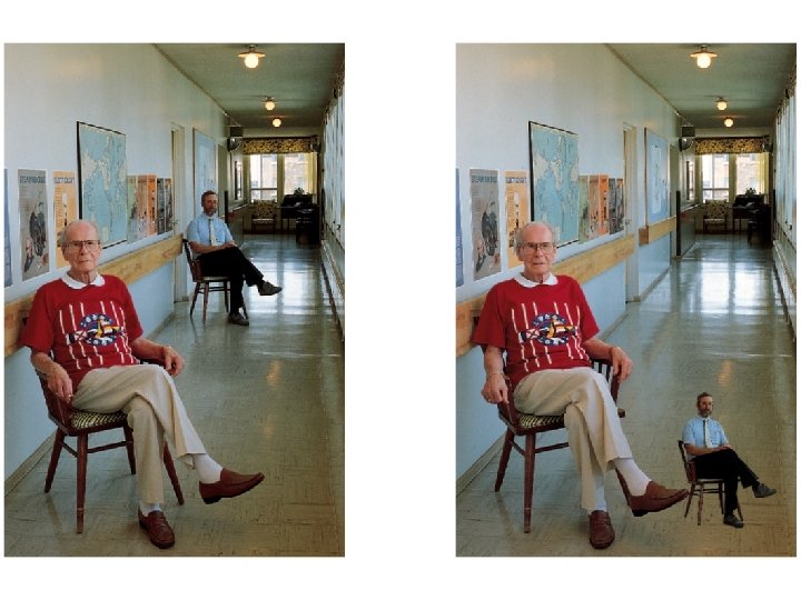 Image A depicts a man seated in a hallway in the foreground a man Image A depicts a man seated in a hallway in the foreground a man