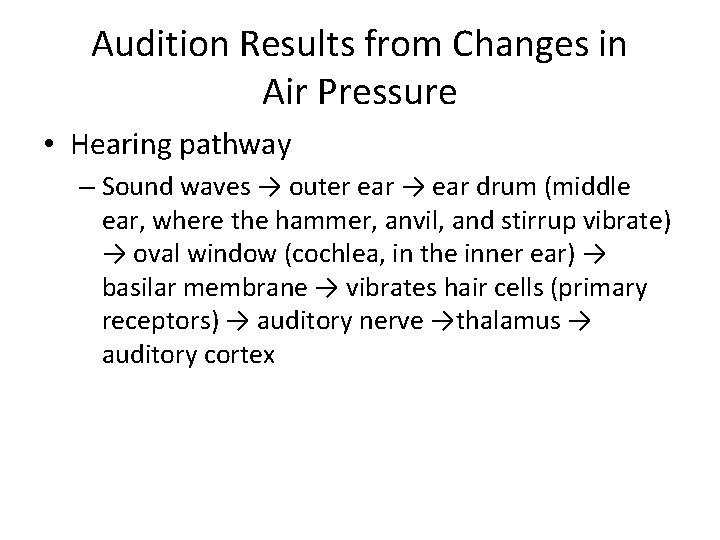 Audition Results from Changes in Air Pressure • Hearing pathway – Sound waves → Audition Results from Changes in Air Pressure • Hearing pathway – Sound waves →