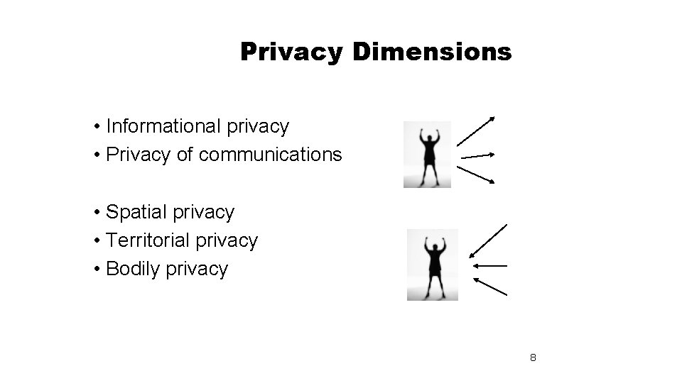 Privacy Dimensions • Informational privacy • Privacy of communications • Spatial privacy • Territorial