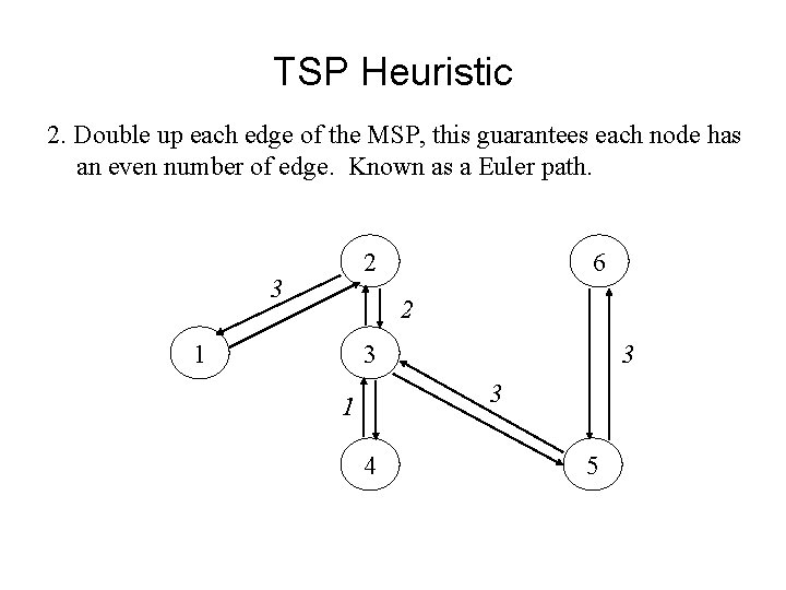 TSP Heuristic 2. Double up each edge of the MSP, this guarantees each node