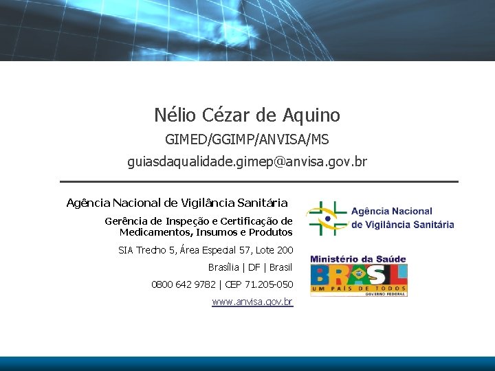 Nélio Cézar de Aquino GIMED/GGIMP/ANVISA/MS guiasdaqualidade. gimep@anvisa. gov. br Agência Nacional de Vigilância Sanitária