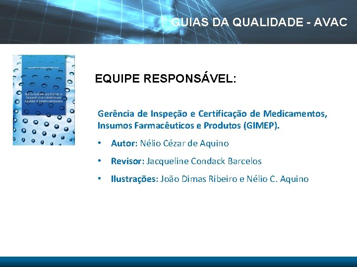 GUIAS DA QUALIDADE - AVAC EQUIPE RESPONSÁVEL: Gerência de Inspeção e Certificação de Medicamentos,