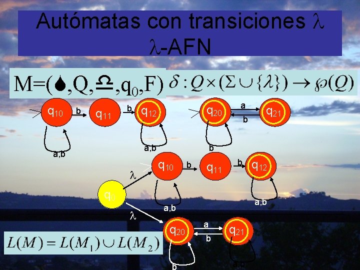 Autómatas con transiciones -AFN M=( , Q, , q 0, F) q 10 b