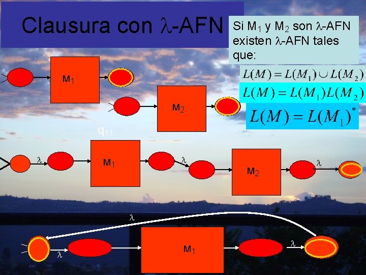 Clausura con -AFN Si M 1 y M 2 son -AFN existen -AFN tales