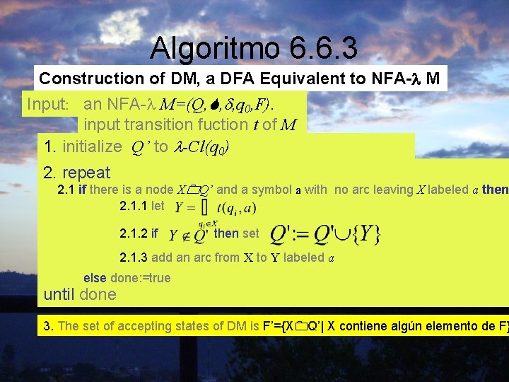 Algoritmo 6. 6. 3 Construction of DM, a DFA Equivalent to NFA- M Input: