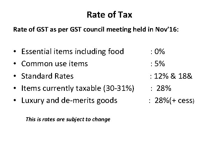 Rate of Tax Rate of GST as per GST council meeting held in Nov’