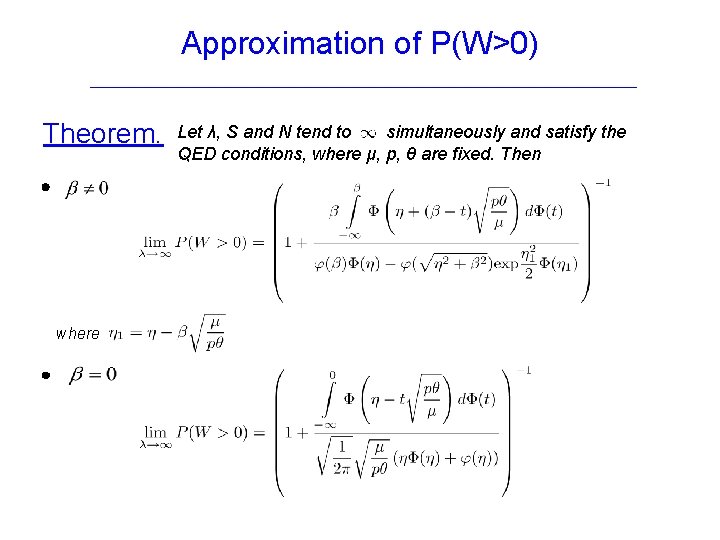 Approximation of P(W>0) Theorem. where Let λ, S and N tend to simultaneously and