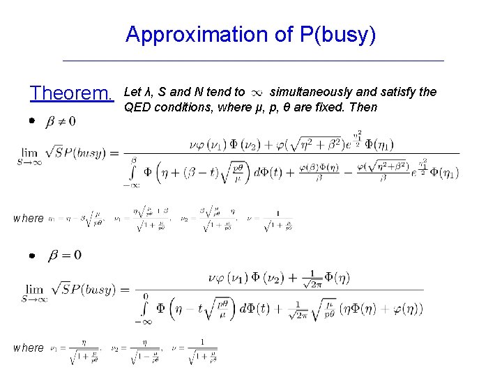 Approximation of P(busy) Theorem. where Let λ, S and N tend to simultaneously and