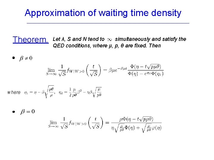 Approximation of waiting time density Theorem. where Let λ, S and N tend to