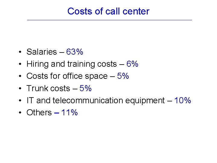 Costs of call center • • • Salaries – 63% Hiring and training costs