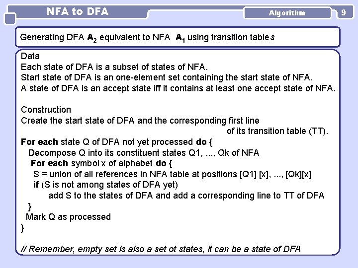 NFA to DFA Algorithm Generating DFA A 2 equivalent to NFA A 1 using NFA to DFA Algorithm Generating DFA A 2 equivalent to NFA A 1 using
