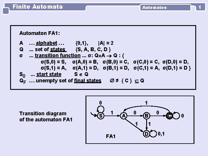 Finite Automata 1 Automaton FA 1: A Q σ … alphabet … {0, 1}, Finite Automata 1 Automaton FA 1: A Q σ … alphabet … {0, 1},