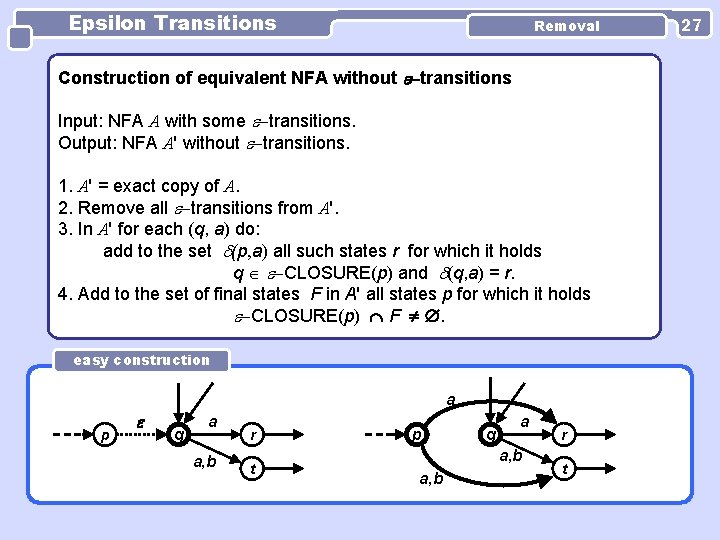 Epsilon Transitions Removal Construction of equivalent NFA without transitions Input: NFA A with some Epsilon Transitions Removal Construction of equivalent NFA without transitions Input: NFA A with some
