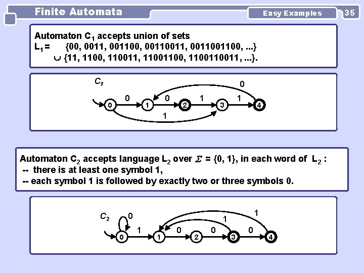 Finite Automata Easy Examples Automaton C 1 accepts union of sets L 1 = Finite Automata Easy Examples Automaton C 1 accepts union of sets L 1 =