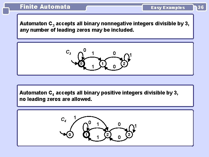 Finite Automata Easy Examples Automaton C 3 accepts all binary nonnegative integers divisible by Finite Automata Easy Examples Automaton C 3 accepts all binary nonnegative integers divisible by