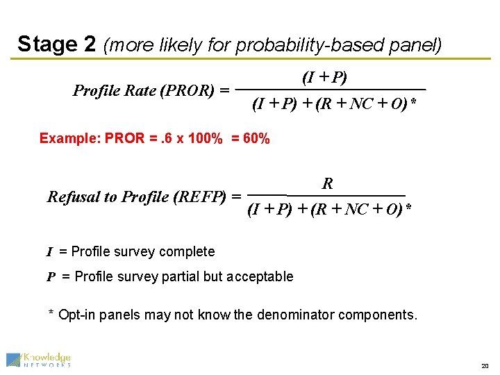 Stage 2 (more likely for probability-based panel) Profile Rate (PROR) = (I + P)