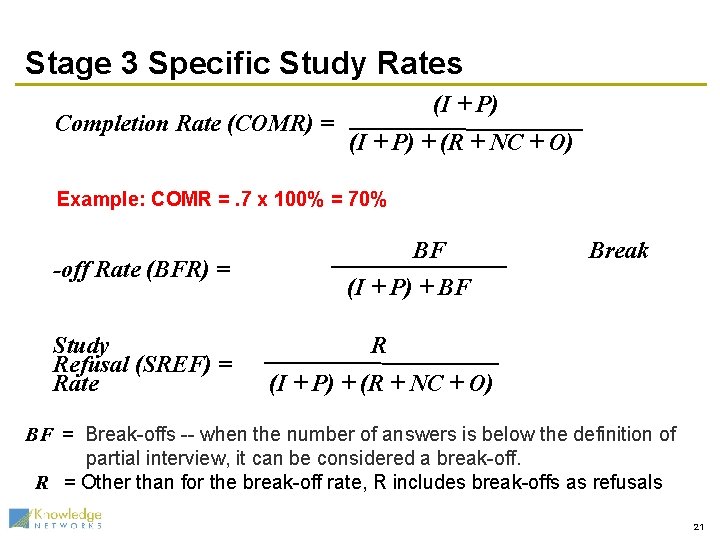 Stage 3 Specific Study Rates Completion Rate (COMR) = (I + P) + (R