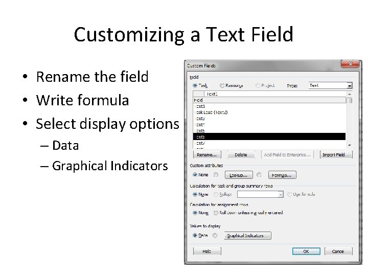 Customizing a Text Field • Rename the field • Write formula • Select display