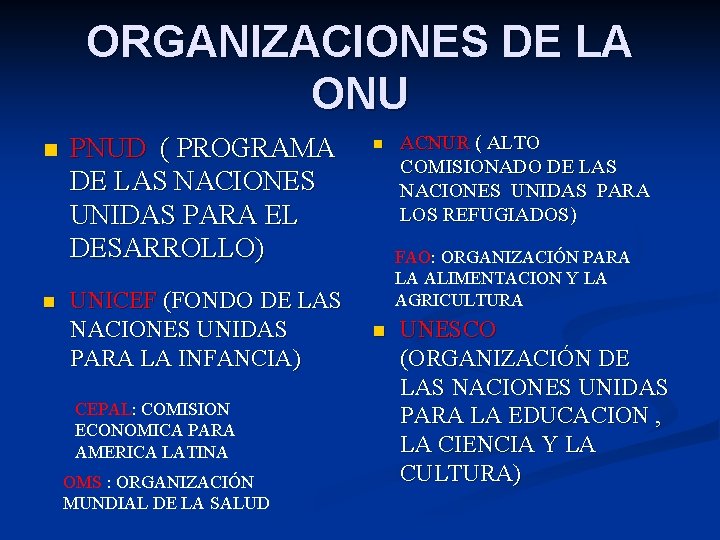 ORGANIZACIONES DE LA ONU n n PNUD ( PROGRAMA DE LAS NACIONES UNIDAS PARA