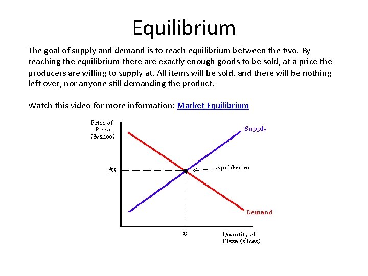 Equilibrium The goal of supply and demand is to reach equilibrium between the two.