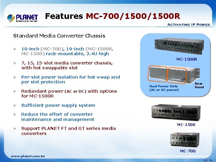 Features MC-700/1500 R Standard Media Converter Chassis Ø 10 -inch (MC-700), 19 -inch (MC-1500