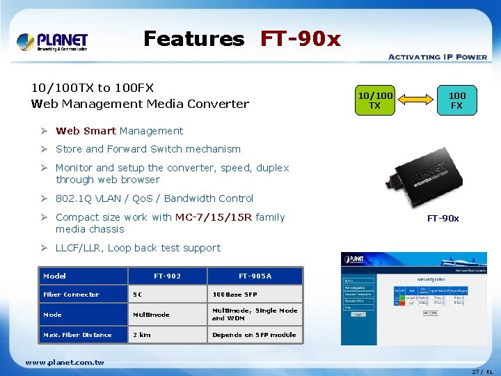 Features FT-90 x 10/100 TX to 100 FX Web Management Media Converter 10/100 TX