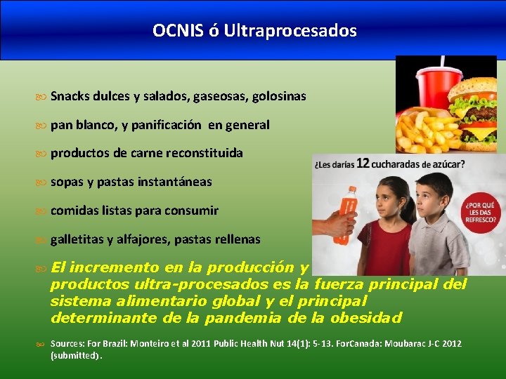 OCNIS ó Ultraprocesados Snacks dulces y salados, gaseosas, golosinas pan blanco, y panificación en