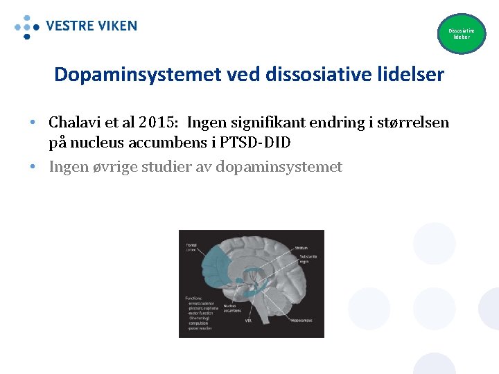 Dissosiative lidelser Dopaminsystemet ved dissosiative lidelser • Chalavi et al 2015: Ingen signifikant endring