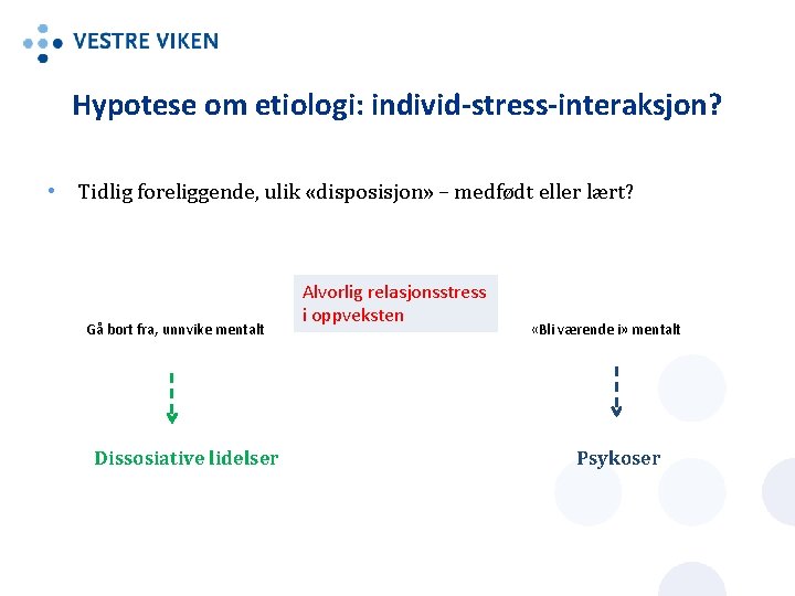 Hypotese om etiologi: individ-stress-interaksjon? • Tidlig foreliggende, ulik «disposisjon» – medfødt eller lært? Gå