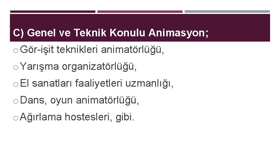 C) Genel ve Teknik Konulu Animasyon; o Gör-işit teknikleri animatörlüğü, o Yarışma organizatörlüğü, o