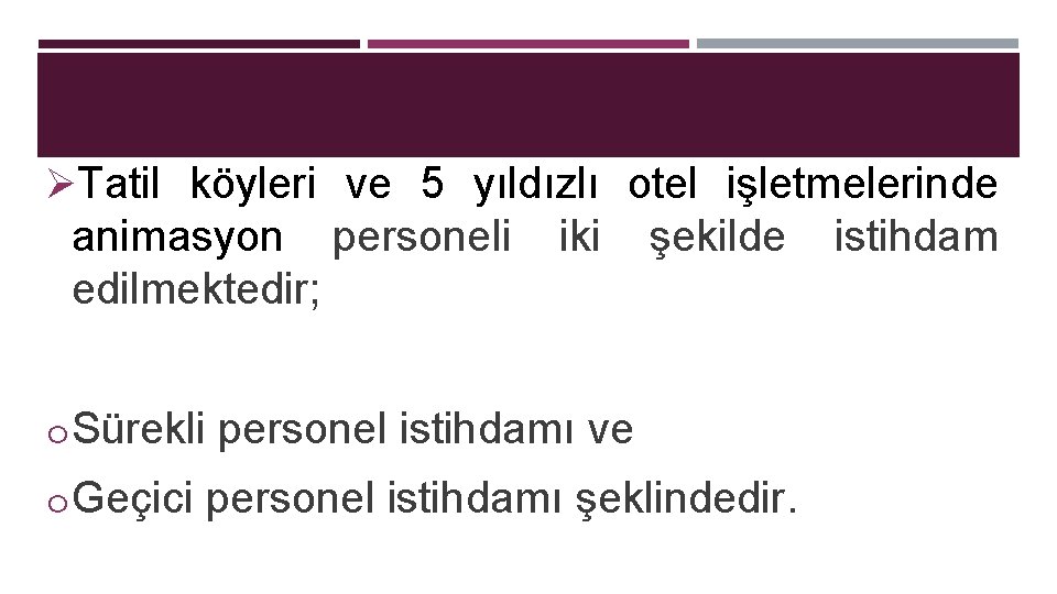 ØTatil köyleri ve 5 yıldızlı otel işletmelerinde animasyon personeli edilmektedir; iki şekilde o Sürekli