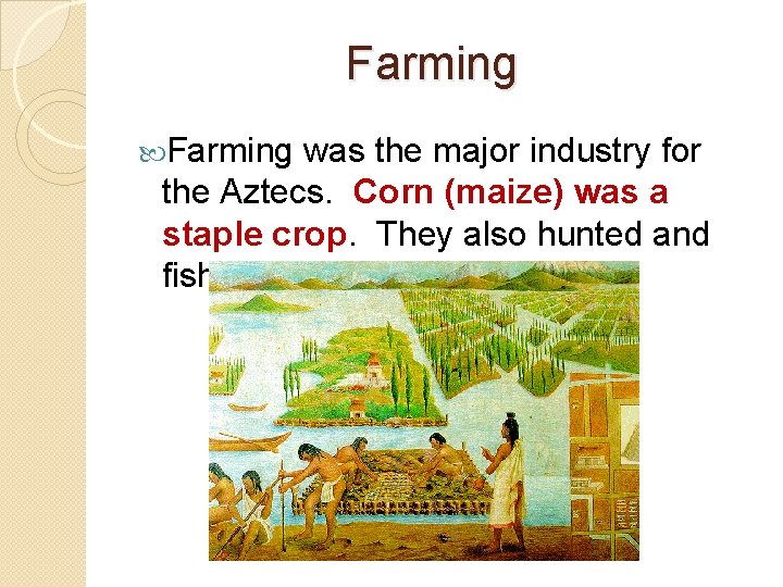 Farming was the major industry for the Aztecs. Corn (maize) was a staple crop.