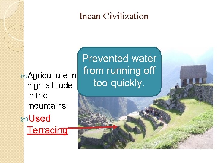 Incan Civilization Prevented water from running off Agriculture in too quickly. high altitude in