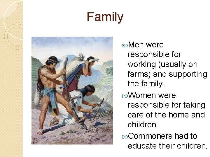 Family Men were responsible for working (usually on farms) and supporting the family. Women