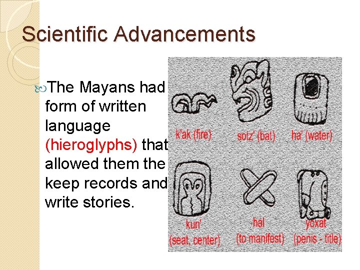 Scientific Advancements The Mayans had a form of written language (hieroglyphs) that allowed them