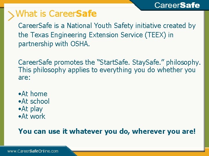 What is Career. Safe is a National Youth Safety initiative created by the Texas What is Career. Safe is a National Youth Safety initiative created by the Texas