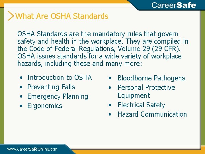 What Are OSHA Standards are the mandatory rules that govern safety and health in What Are OSHA Standards are the mandatory rules that govern safety and health in