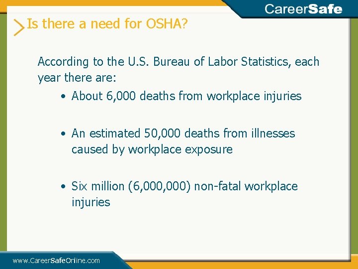 Is there a need for OSHA? According to the U. S. Bureau of Labor Is there a need for OSHA? According to the U. S. Bureau of Labor