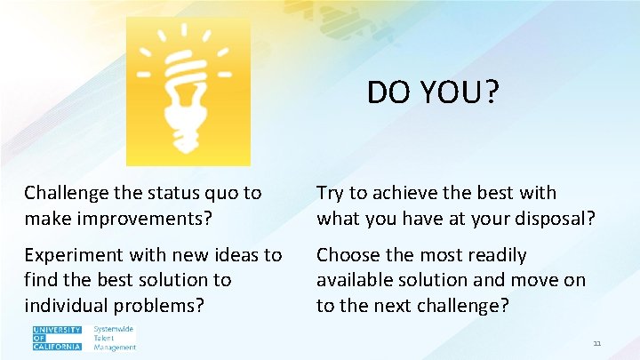 DO YOU? Challenge the status quo to make improvements? Try to achieve the best