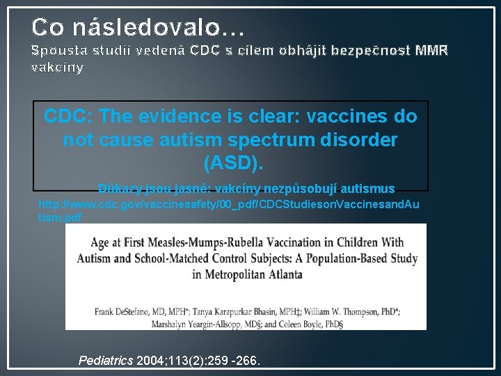 Co následovalo… Spousta studií vedená CDC s cílem obhájit bezpečnost MMR vakcíny CDC: The