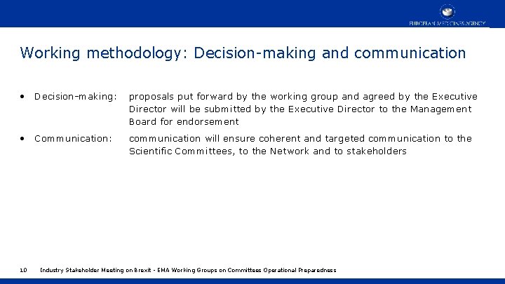 Working methodology: Decision-making and communication • Decision-making: proposals put forward by the working group