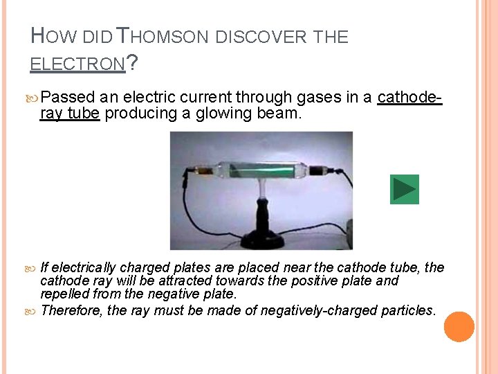 HOW DID THOMSON DISCOVER THE ELECTRON? Passed an electric current through gases in a